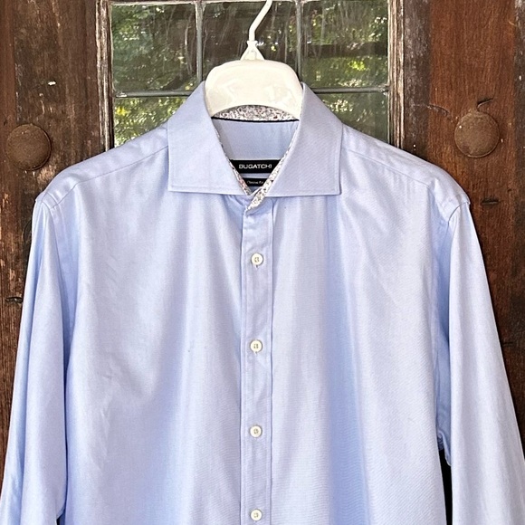BUGATCHI | Cotton Classic Fit Light Blue Button Front Shirt Floral Flip Cuff - Picture 7 of 9